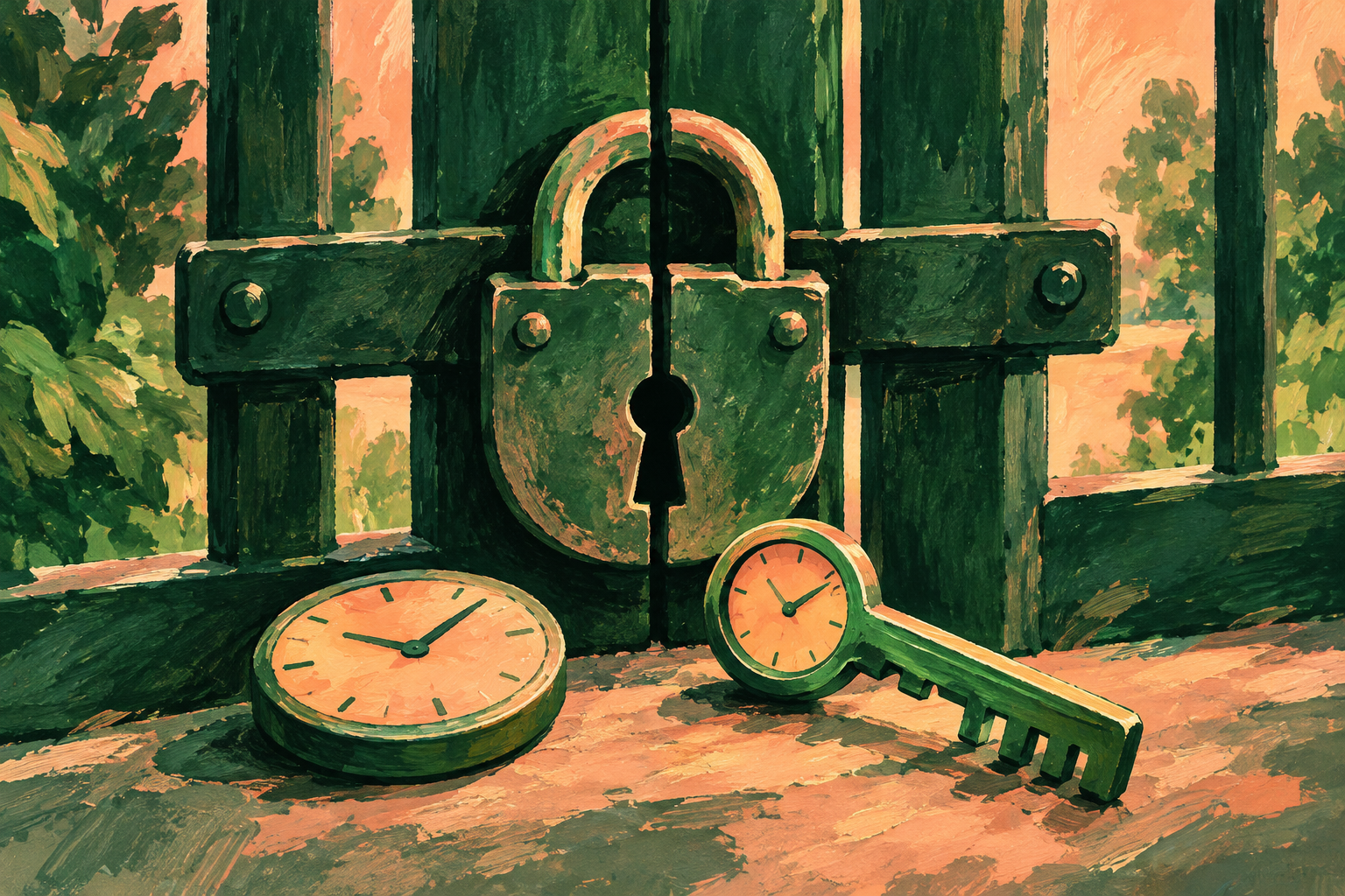 A clock-shaped token and a toothed clock-shaped key beside a gate’s two-part lock.
