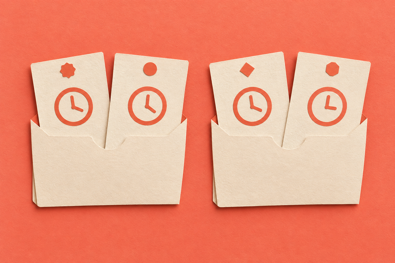 Two paper sleeves hold four cards; three cards share a clock symbol, including one in the second sleeve.