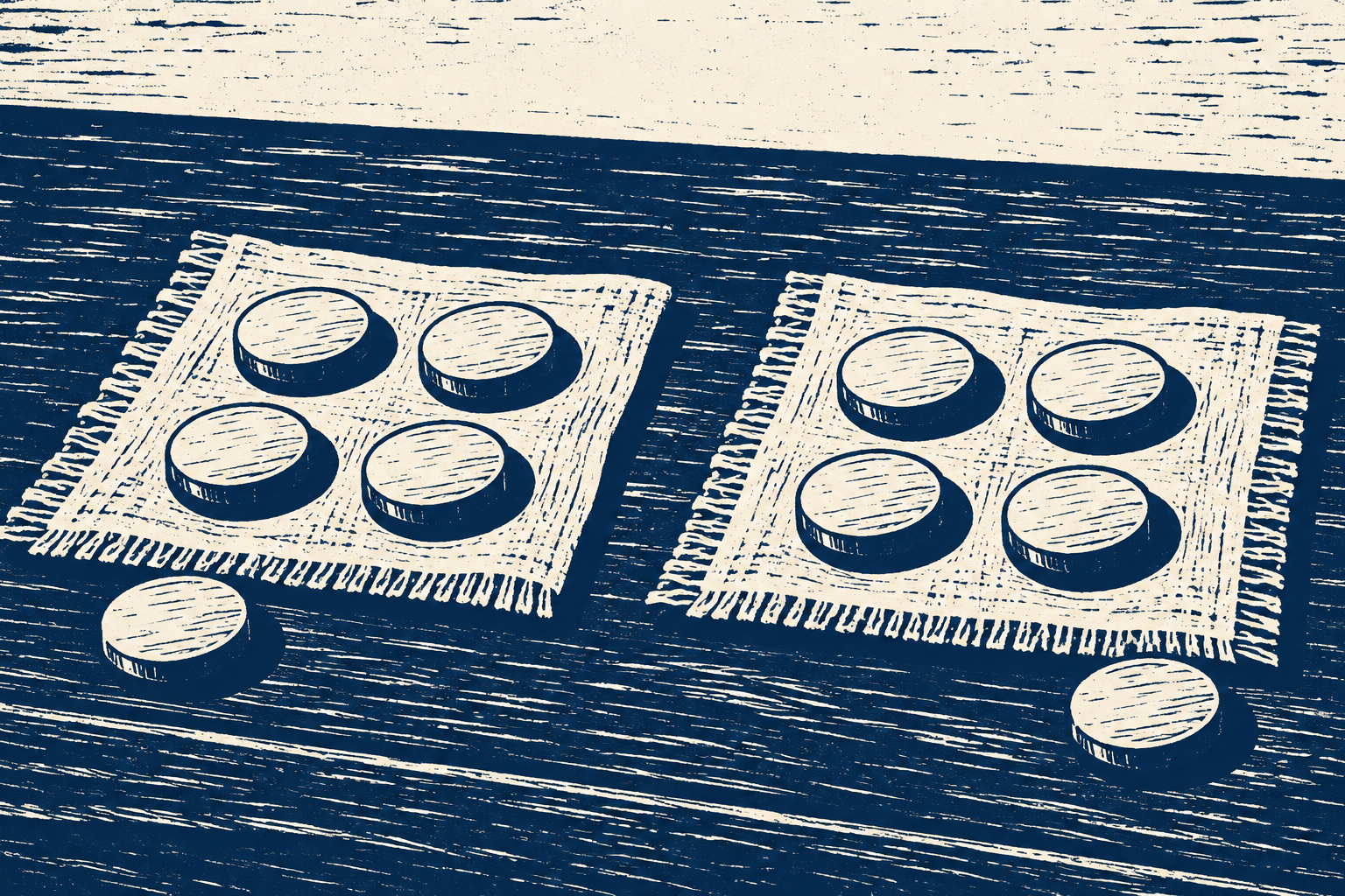 Two cloth mats each hold four counters, with one additional counter set aside beside each mat.