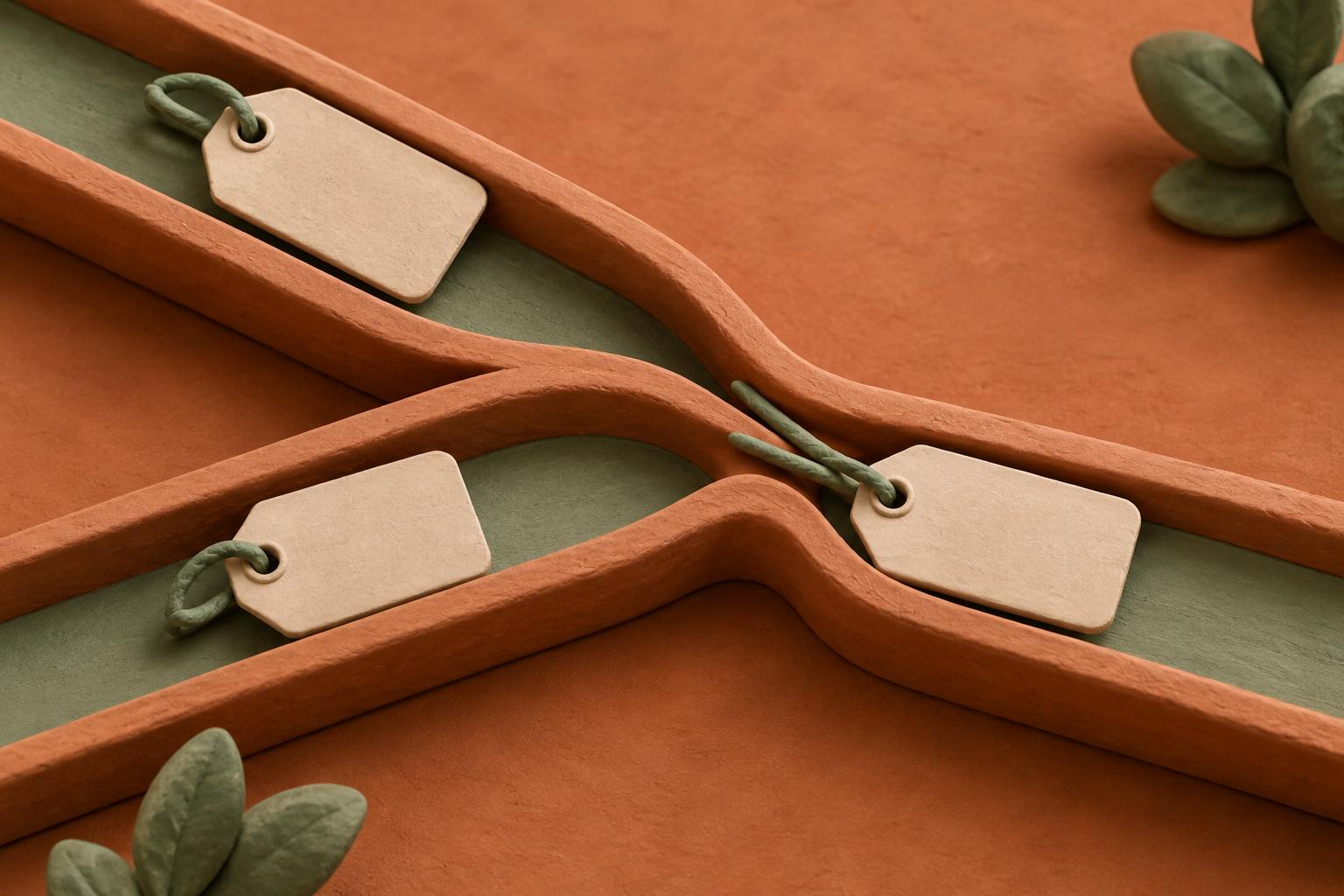 Blank clay tags follow separate and shared channels along a terracotta-and-sage forked track.