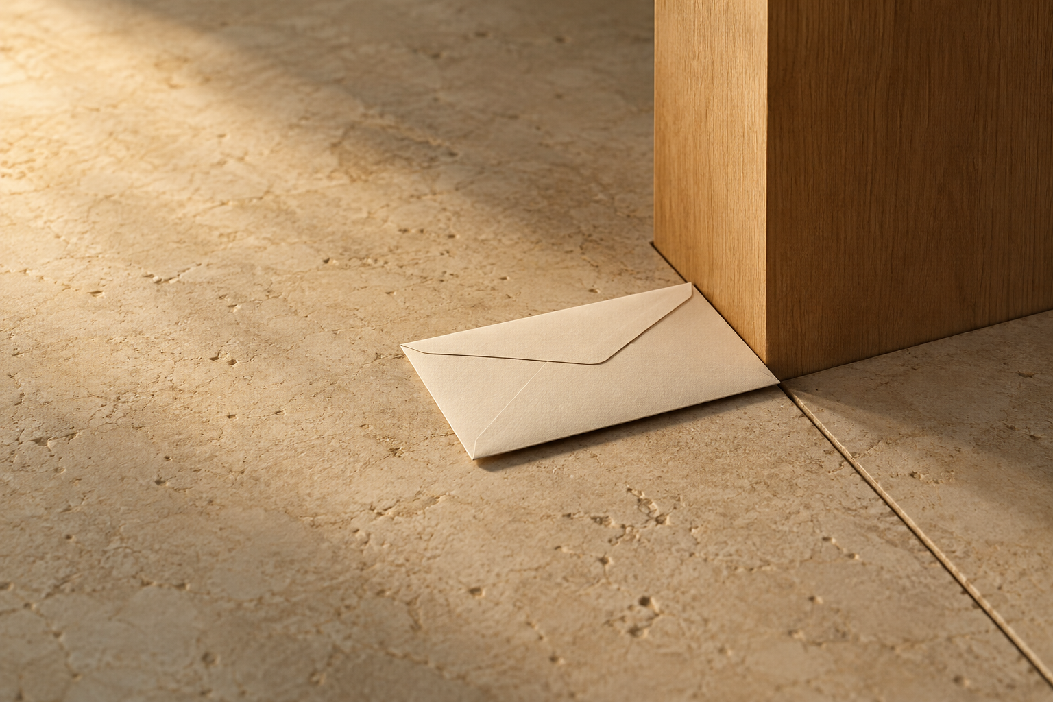 A blank envelope rests against a wooden barrier aligned with a seam in limestone.