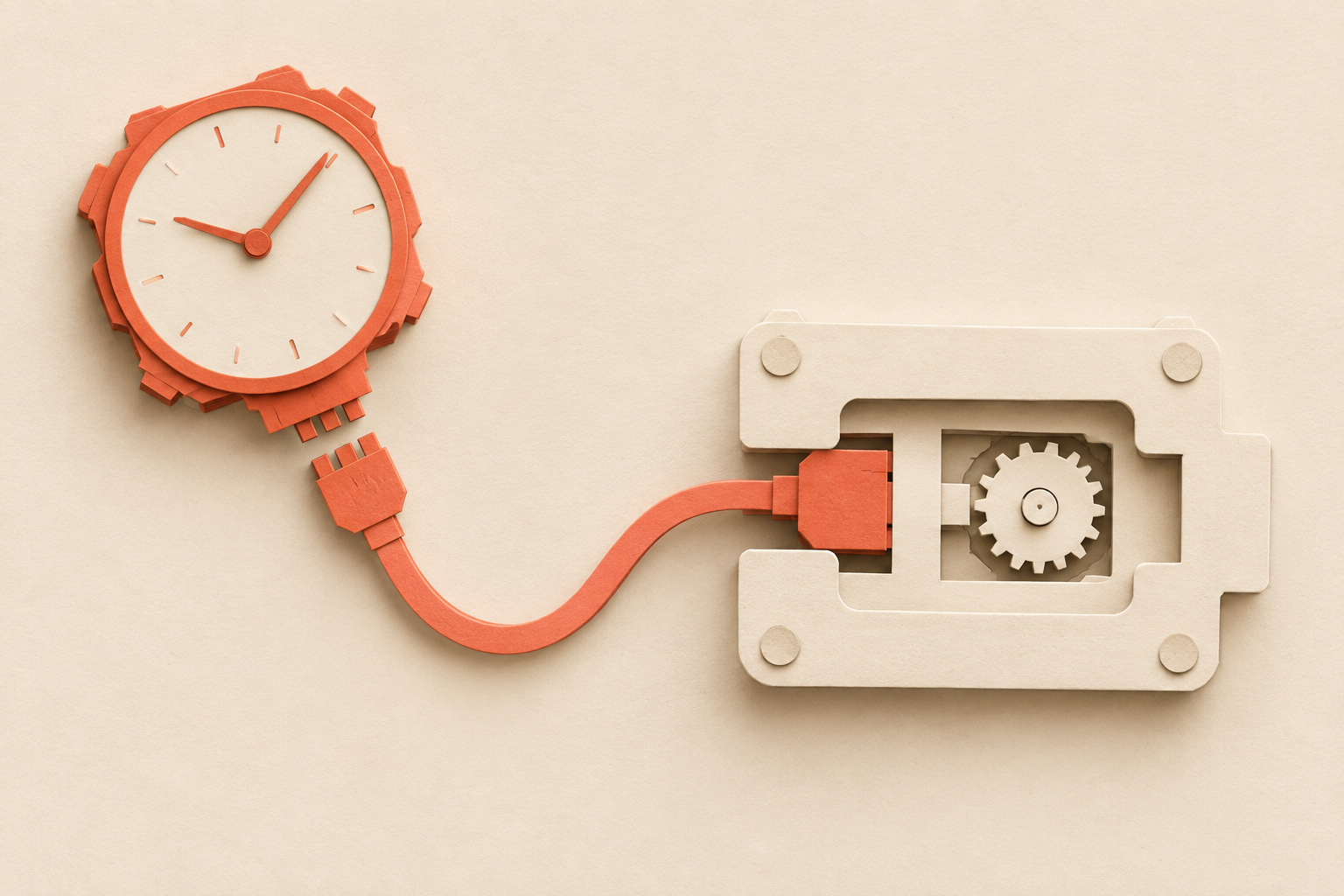 A coral paper clock connects through a removable cable to a cream fixture containing one gear.